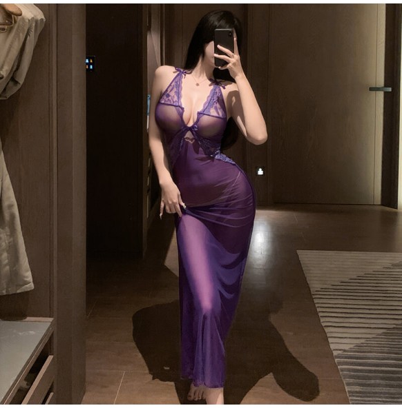 FEE ET MOI - Lace Mesh Sheer Maxi Dress (Purple) FEE ET MOI - Lace Mesh Sheer Maxi Dress (Purple)
